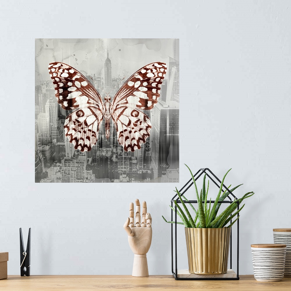A bohemian room featuring Creative artwork of a white and brown butterfly over a faded aerial cityscape image of New York i...