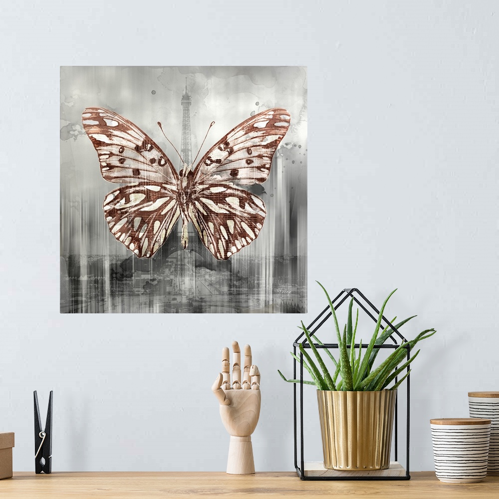 A bohemian room featuring Creative artwork of a white and brown butterfly over a faded image of the Eiffel Tower in gray st...