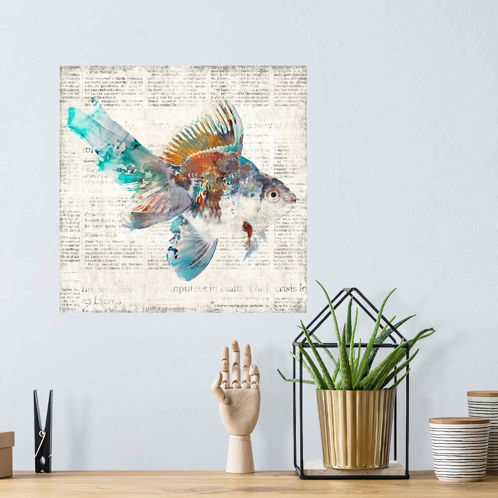 A bohemian room featuring A decorative image of a multi-colored fish on a faded newspaper backdrop.