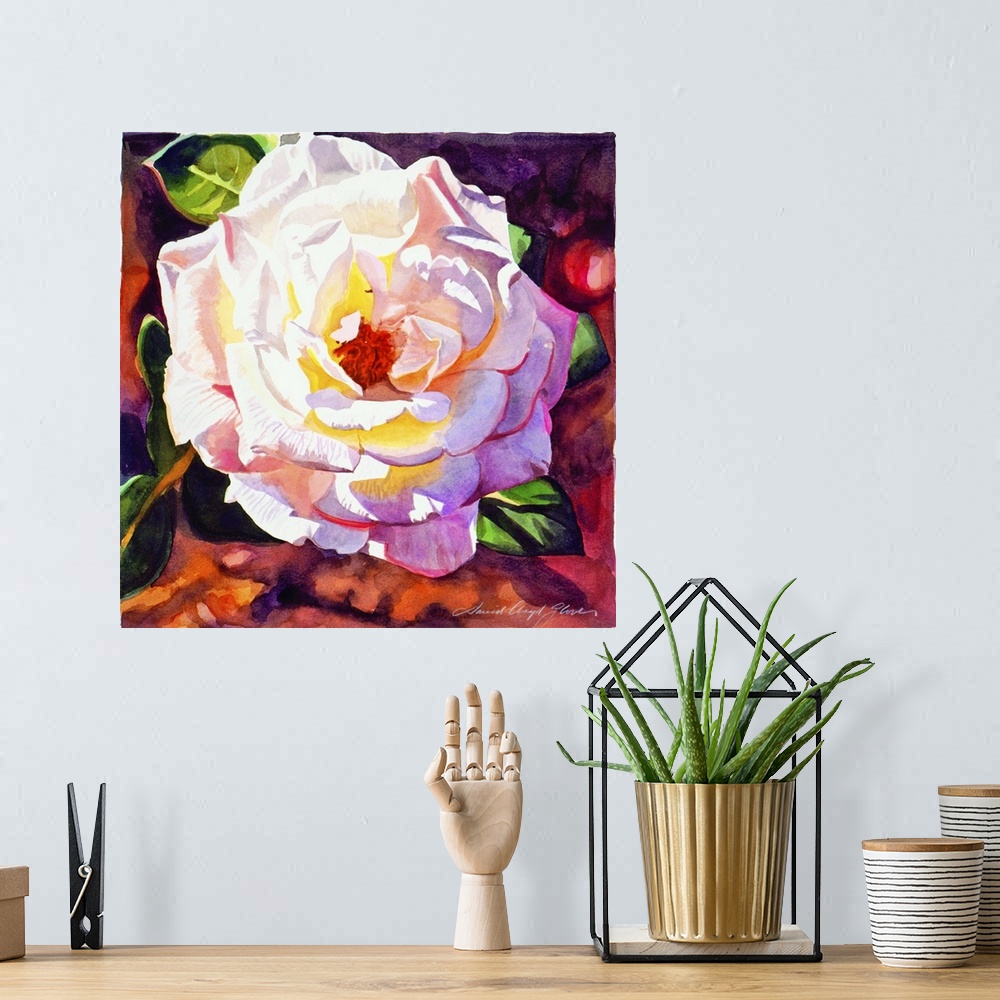 A bohemian room featuring Painting of a rose with light shining on its petals.