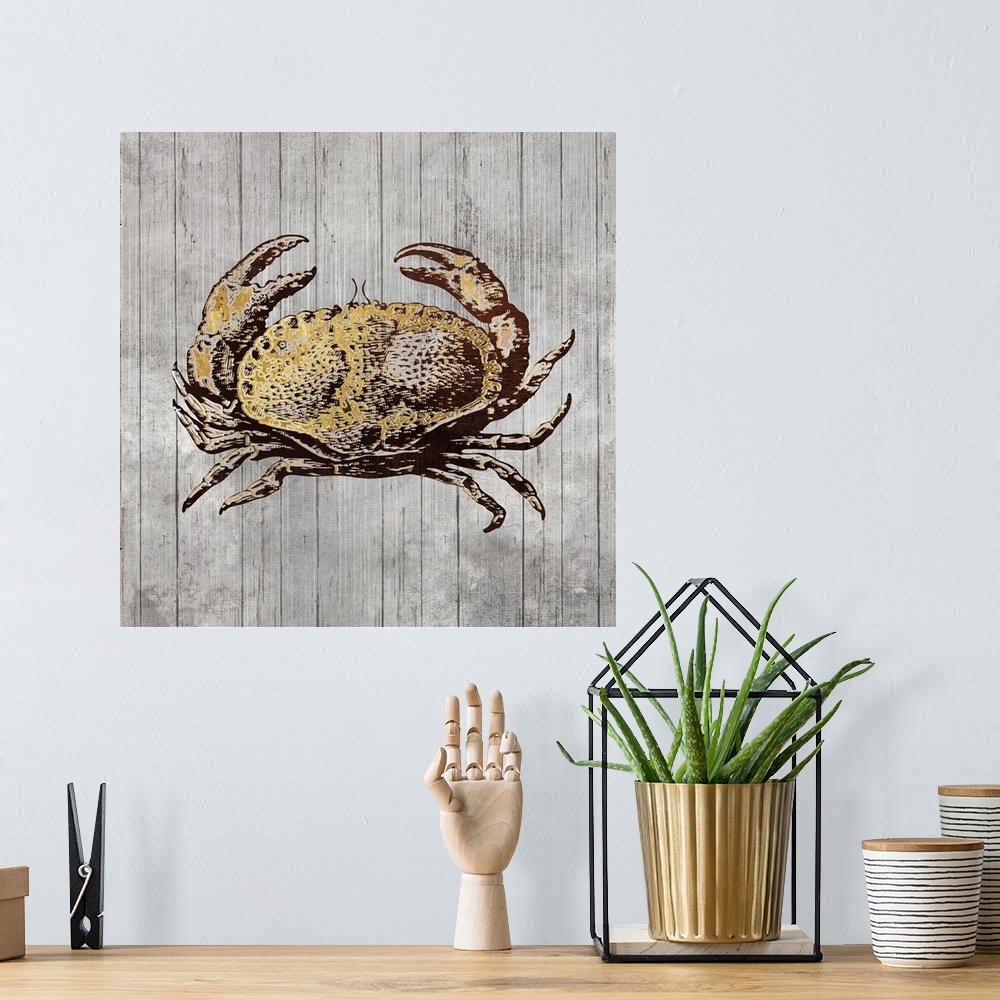 A bohemian room featuring A decorative image of a crab with gold accents on a gray wood backdrop.