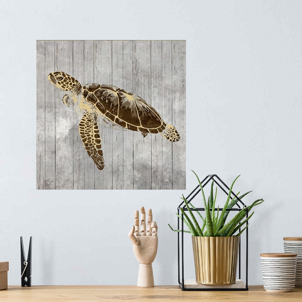 A bohemian room featuring A decorative image of a turtle with gold accents on a gray wood backdrop.