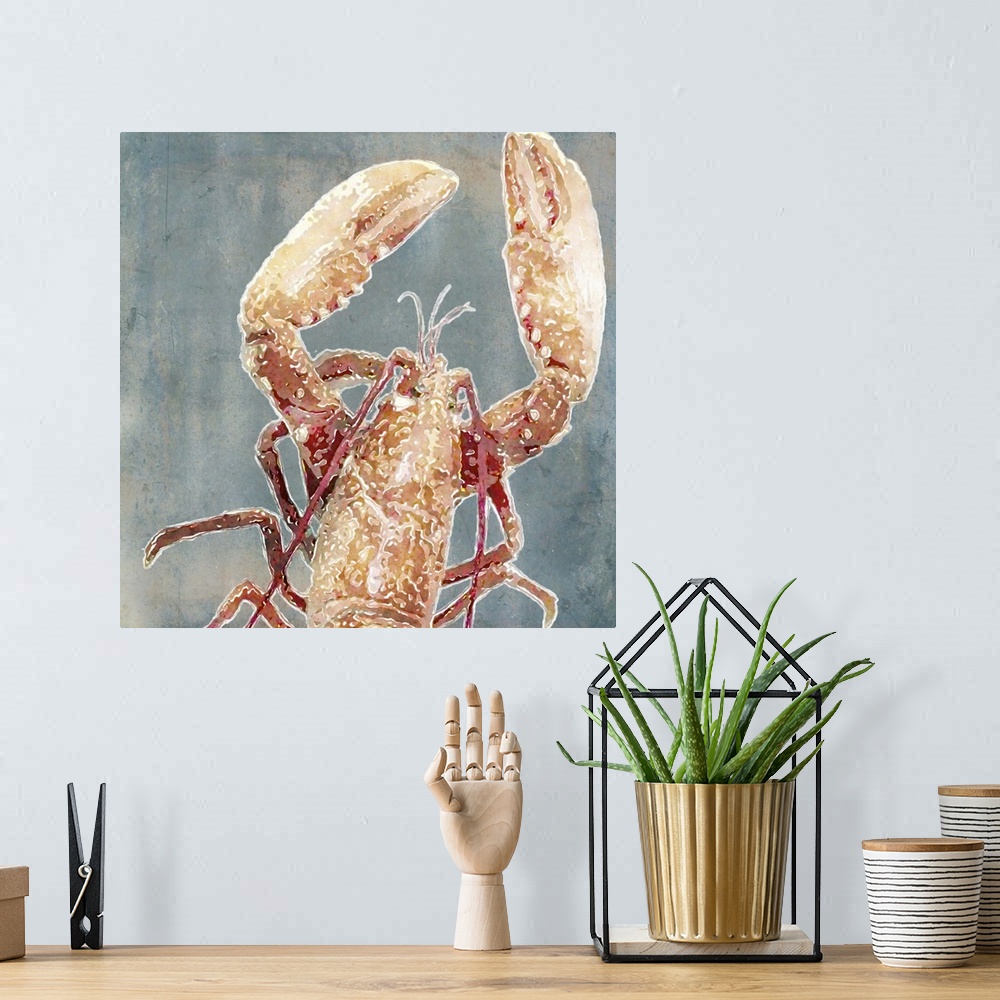 A bohemian room featuring Watercolor painting of a lobster with large claws.