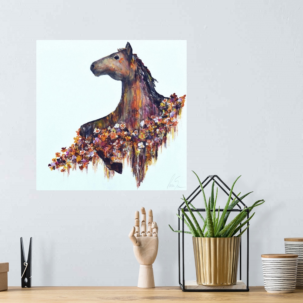 A bohemian room featuring A prancing horse surrounded by blooming flowers.