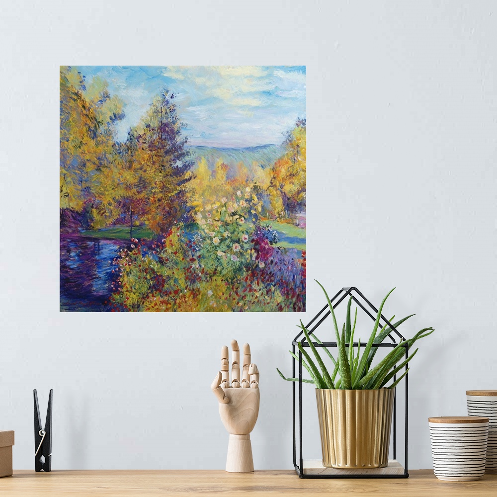 A bohemian room featuring Painting of a garden with blooming trees and a pond in an impressionist style.