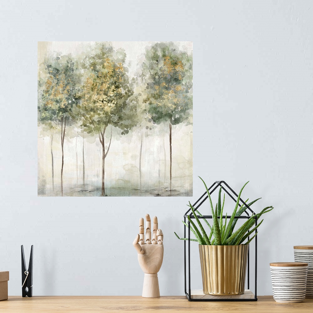 A bohemian room featuring Decorative painting of a group of trees in faded muted colors with a small white speckled overlay.