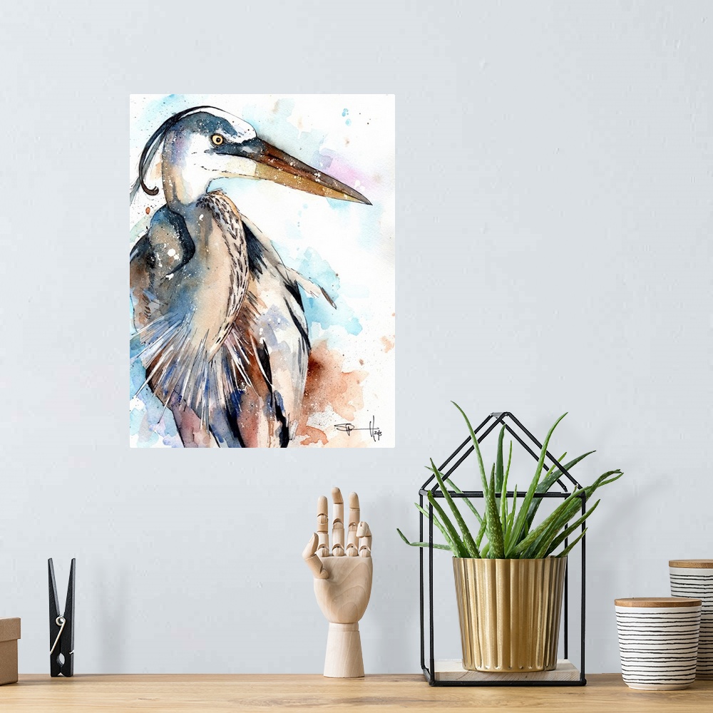 A bohemian room featuring Watercolor painting of a great blue heron.