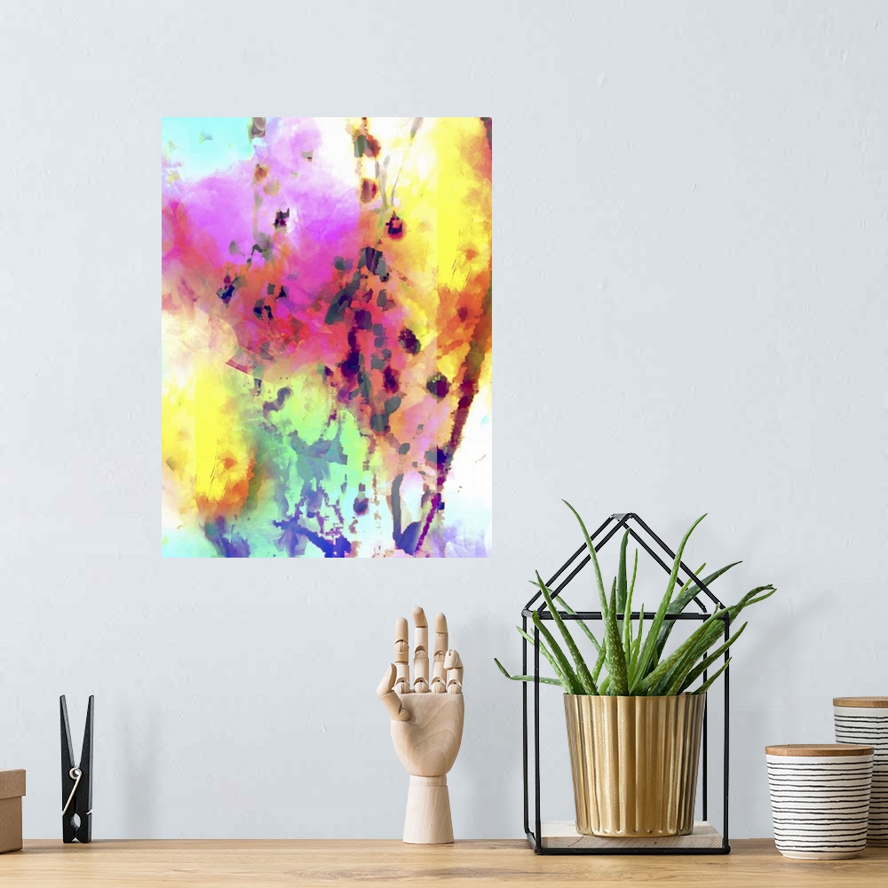A bohemian room featuring Neon rainbow abstract artwork.