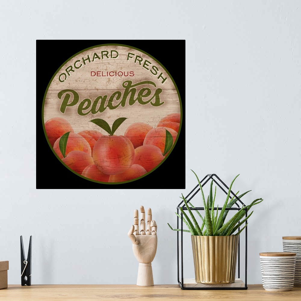 A bohemian room featuring Round wooden sign for fresh peaches.