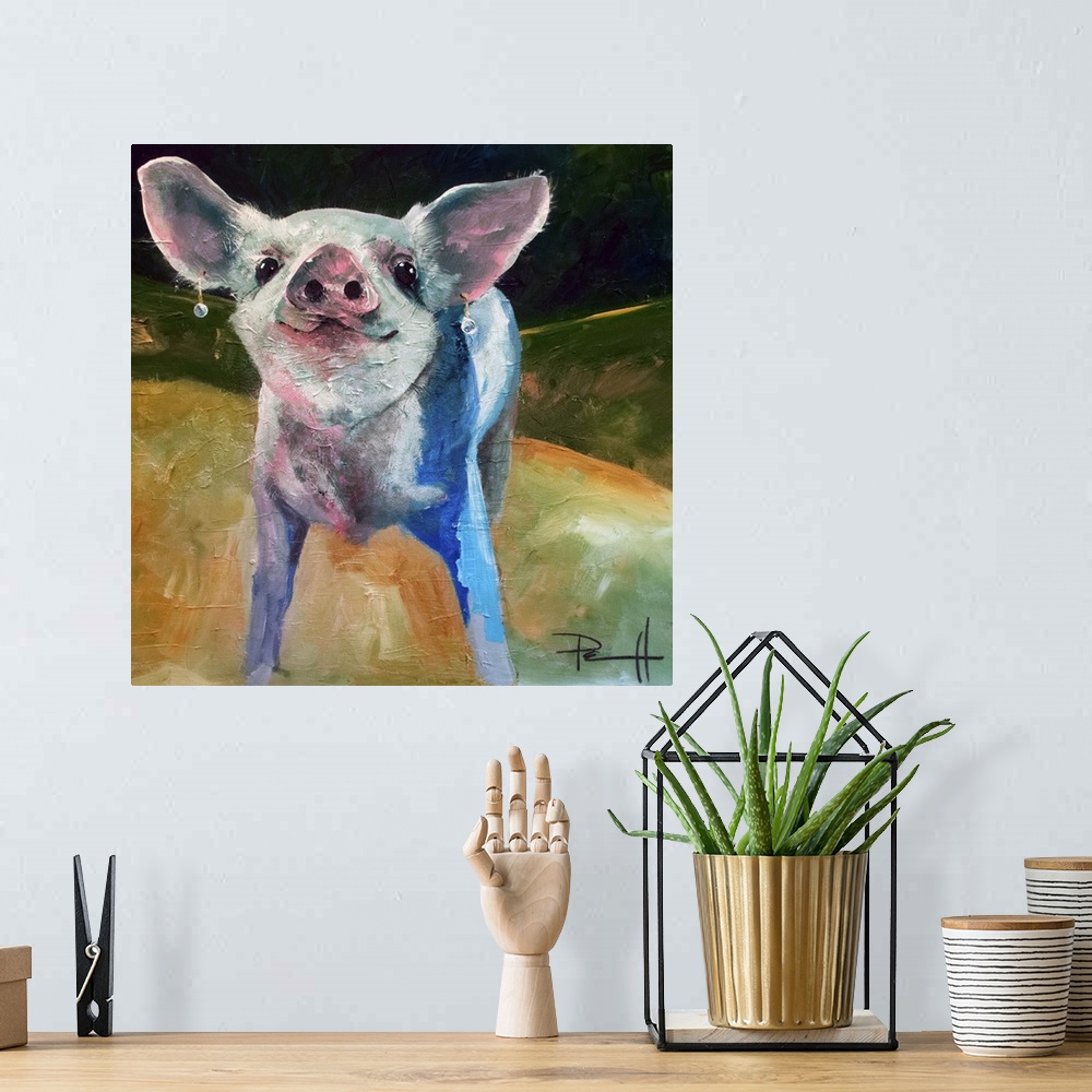 A bohemian room featuring Cute painting of a piglet wearing pearl earrings.