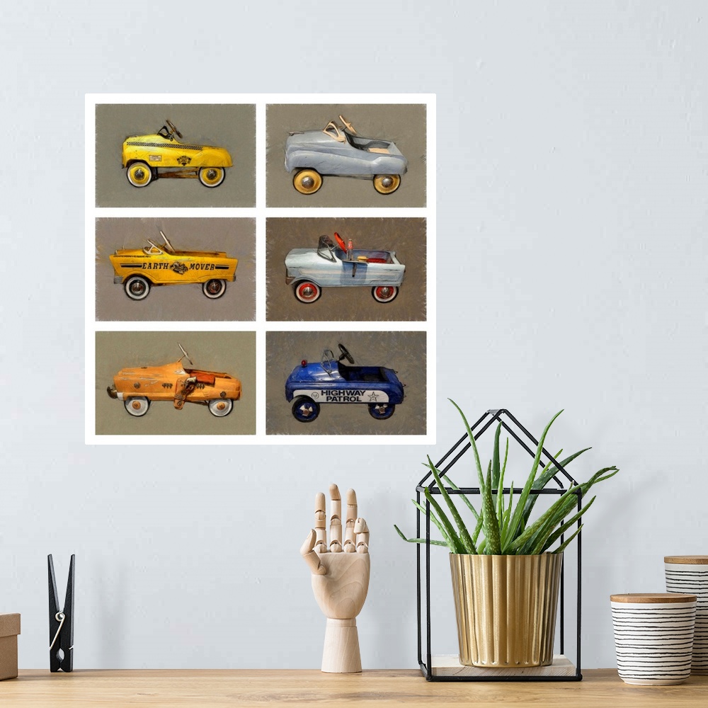 A bohemian room featuring Contemporary artwork of a group of retro children's pedal cars.