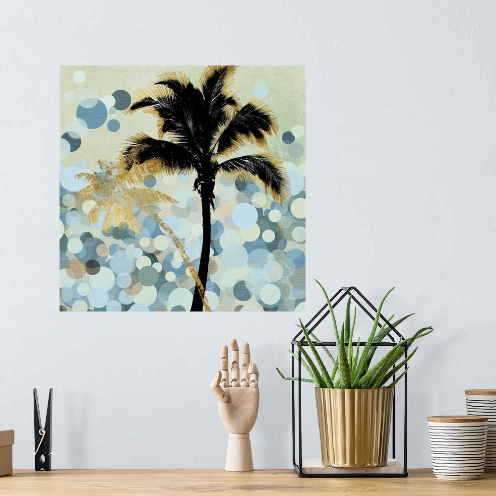 A bohemian room featuring Decorative image of black and gold palm trees over multi-colored circles in varies sizes overlapp...