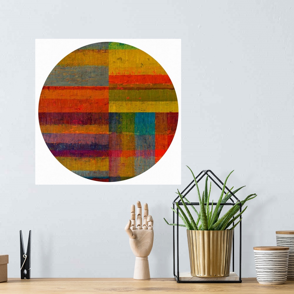 A bohemian room featuring Abstract colorful stripes inside a circle shape.