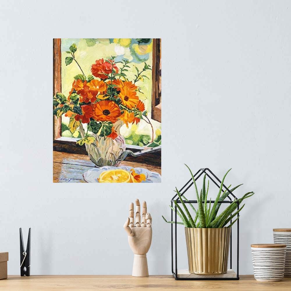 A bohemian room featuring Still life of flowers in an open window.