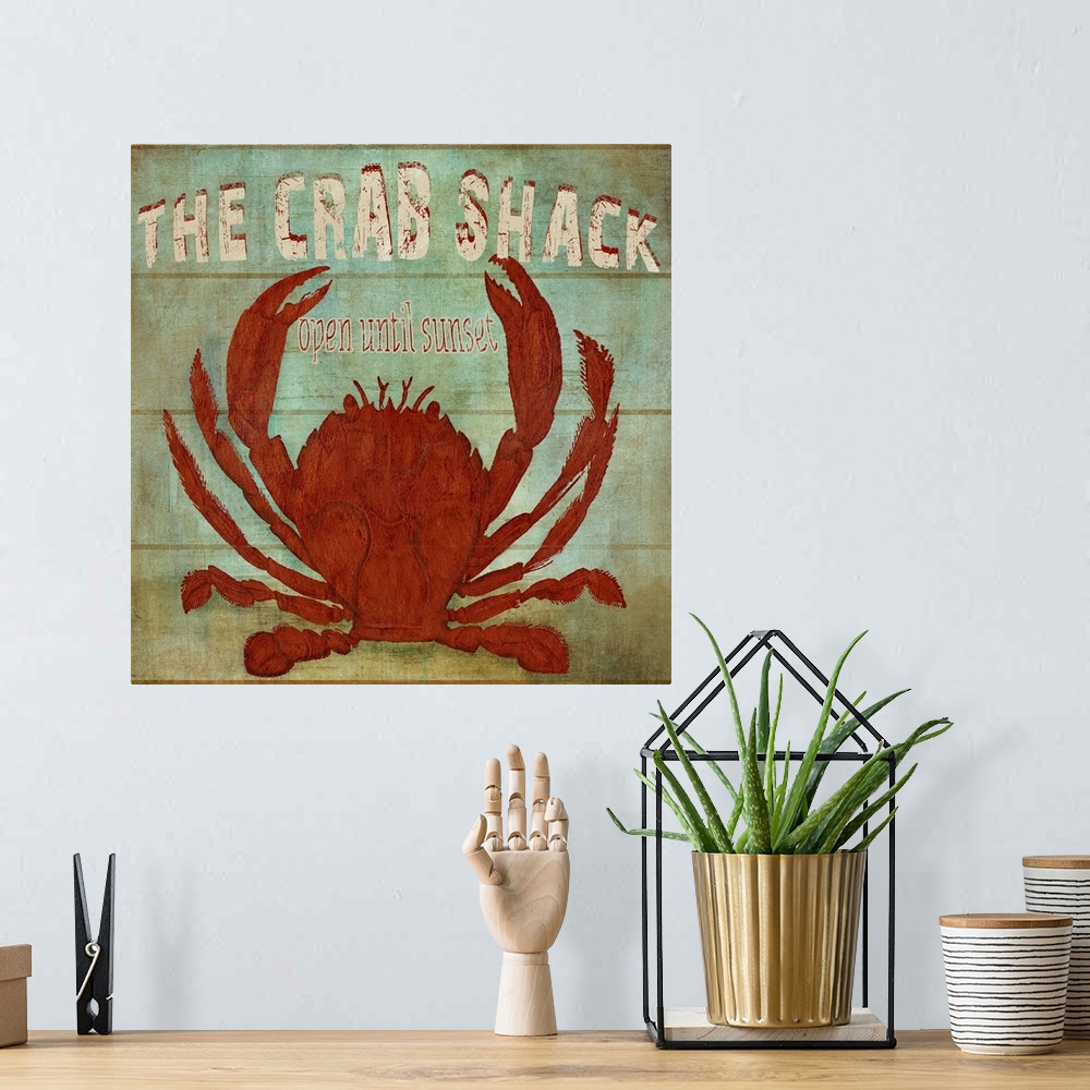 A bohemian room featuring Sign for fresh seafood with a weathered wooden appearance.