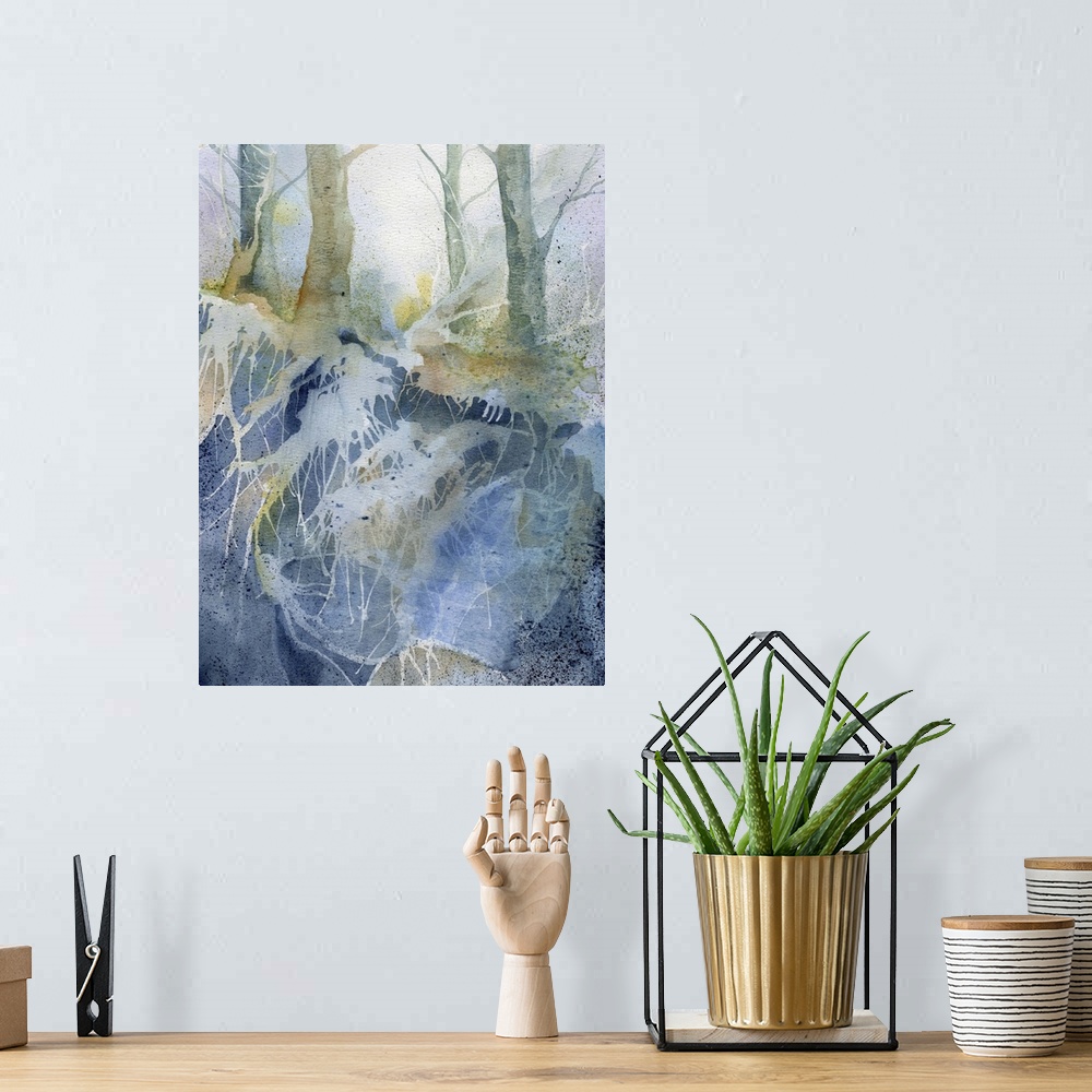 A bohemian room featuring Watercolor painting of a forest in shades of blue and green.