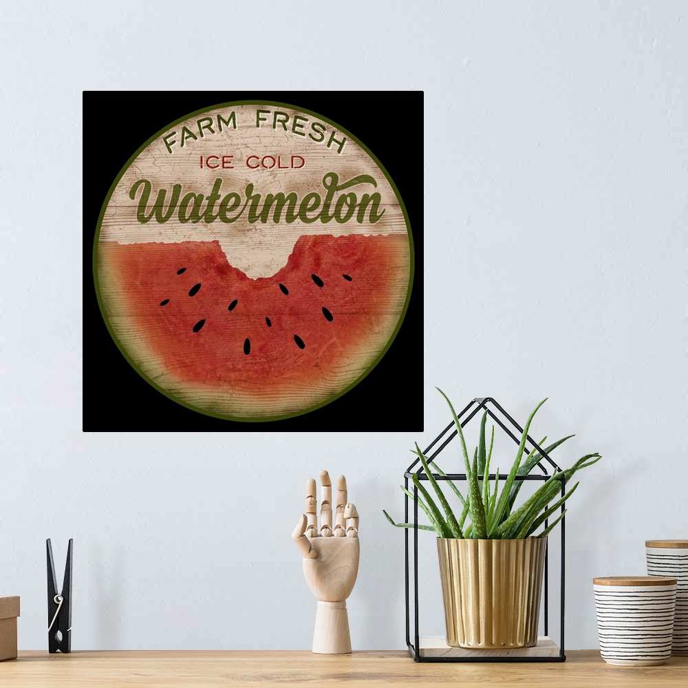 A bohemian room featuring Round wooden sign for fresh watermelon.