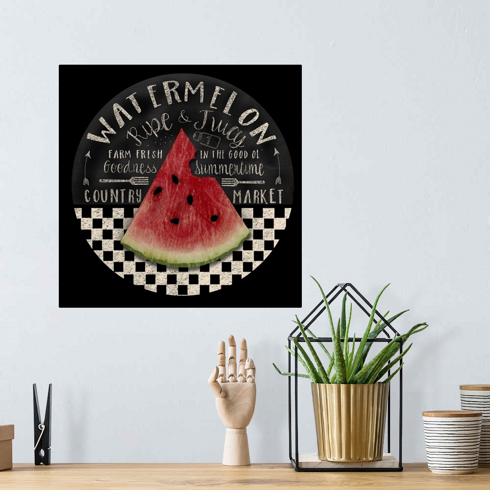 A bohemian room featuring Round chalkboard for fresh watermelon.