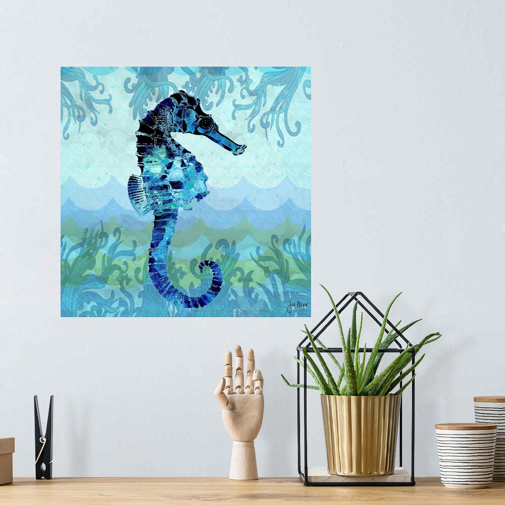 A bohemian room featuring A blue watercolor seahorse.