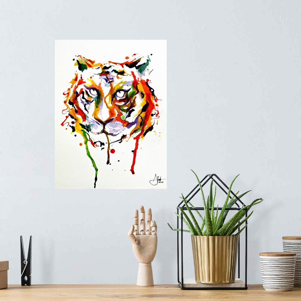 A bohemian room featuring Watercolor and ink painting of the face of a tiger with a piercing gaze.