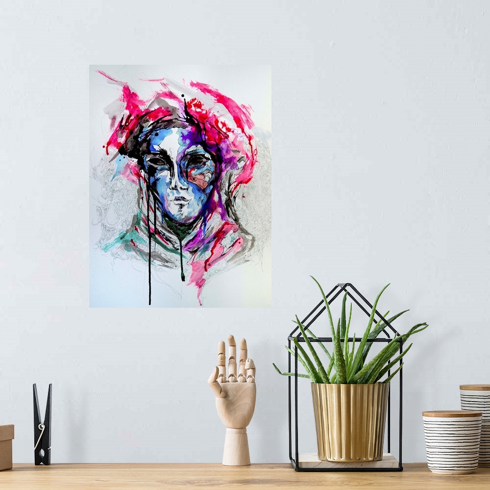 A bohemian room featuring Watercolor and ink painting of a person wearing a masquerade mask.
