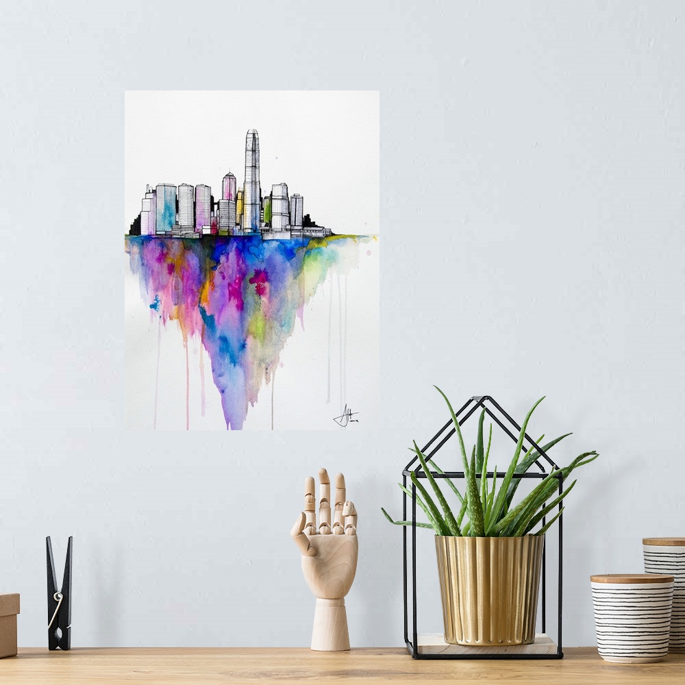 A bohemian room featuring Watercolor and ink painting of a city skyline with a colorful shadow.