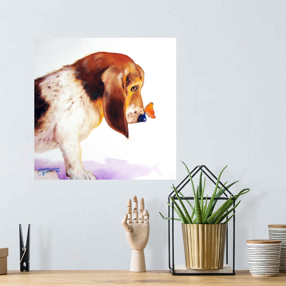 A bohemian room featuring Square painting of a basset hound with an orange butterfly on its nose.