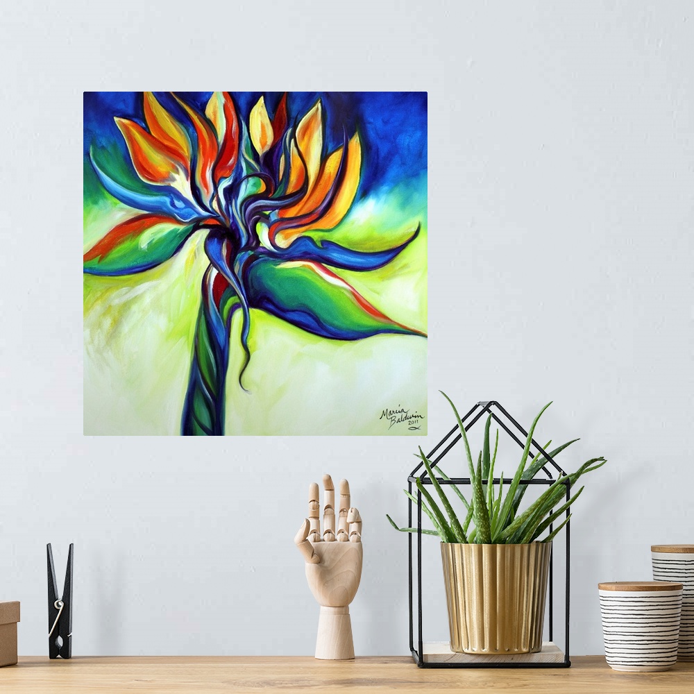 A bohemian room featuring A floral abstract of the tropical flower, Bird of Paradise.