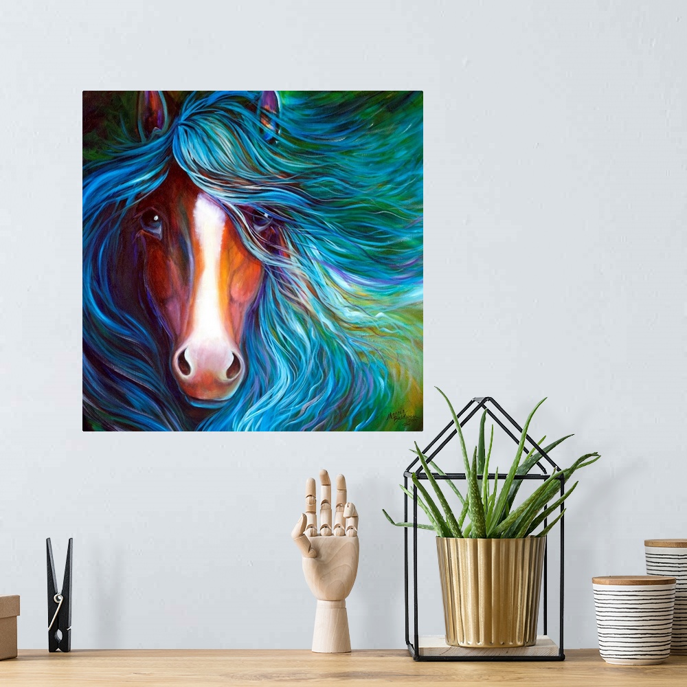 A bohemian room featuring An equine abstract of a bay horse with white blaze and flowing mane in blue.