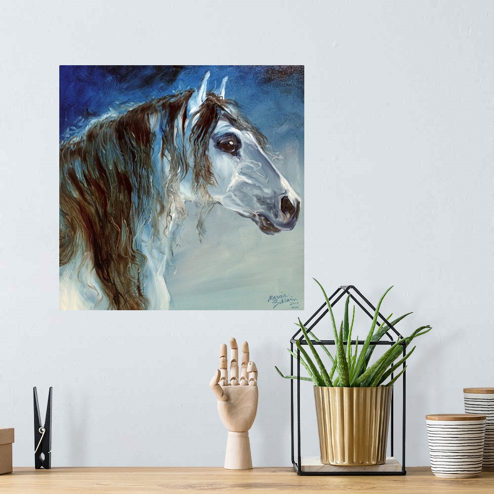 A bohemian room featuring Square painting of a horse created in cool tones.