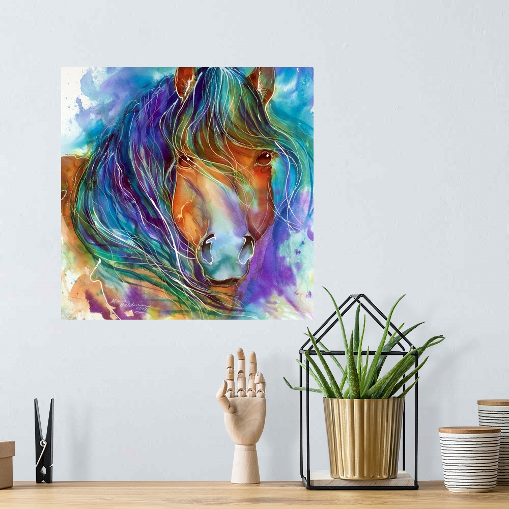 A bohemian room featuring Painting of a Wild Mustang, bay, with long mane and vibrant color, depicts this equine in his str...