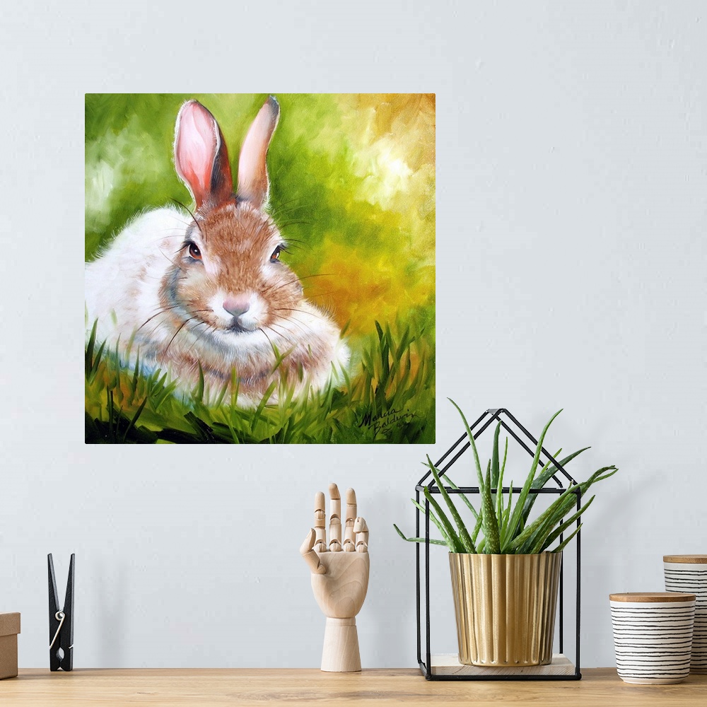 A bohemian room featuring Square painting of a precious bunny on a grassy green, brown, and yellow background.