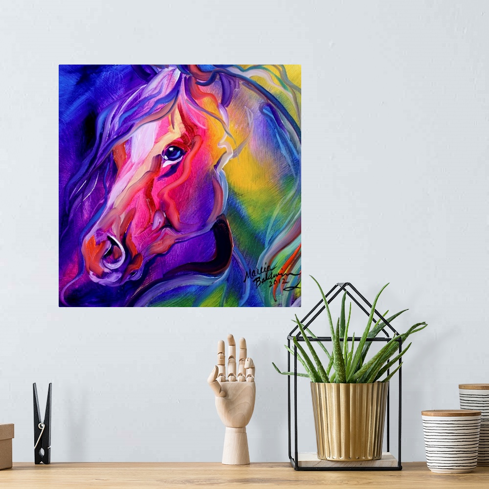 A bohemian room featuring Contemporary square painting of a vibrant, colorful horse created with abstract brushstrokes.