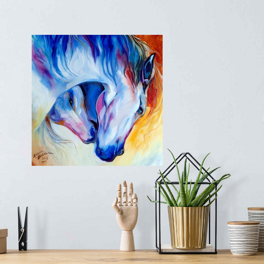 A bohemian room featuring Contemporary painting of two cool toned horses with their heads coming together on a warm orange ...