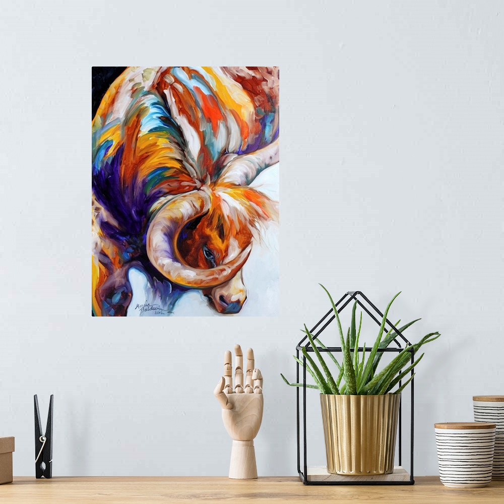 A bohemian room featuring Contemporary painting of a longhorn created with brown, orange, yellow, purple, white, and blue hes.