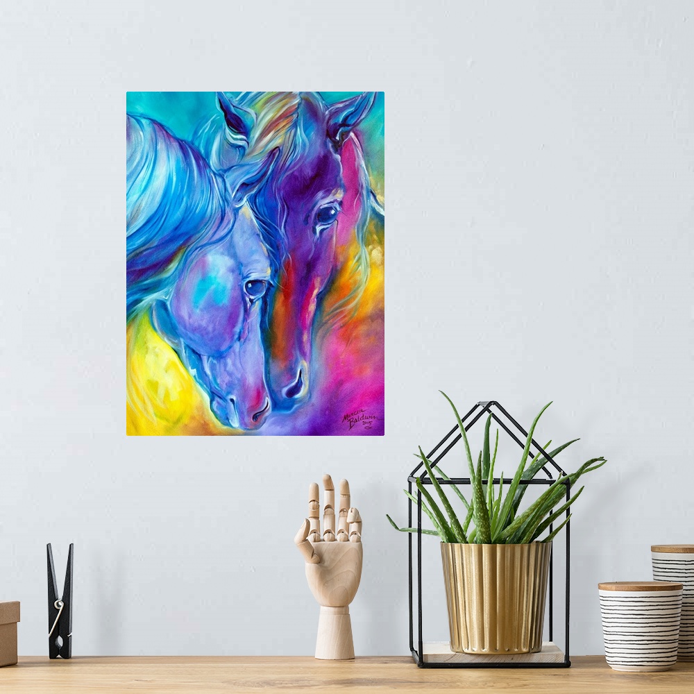 A bohemian room featuring Vibrant painting of two horses pressing their noses together in blue, purple, pink, orange, and y...