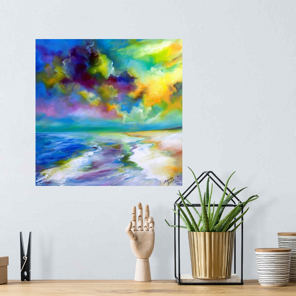 A bohemian room featuring Vibrant painting of the ocean and a dramatic, cloudy sky in blue, green, purple, yellow, and whit...