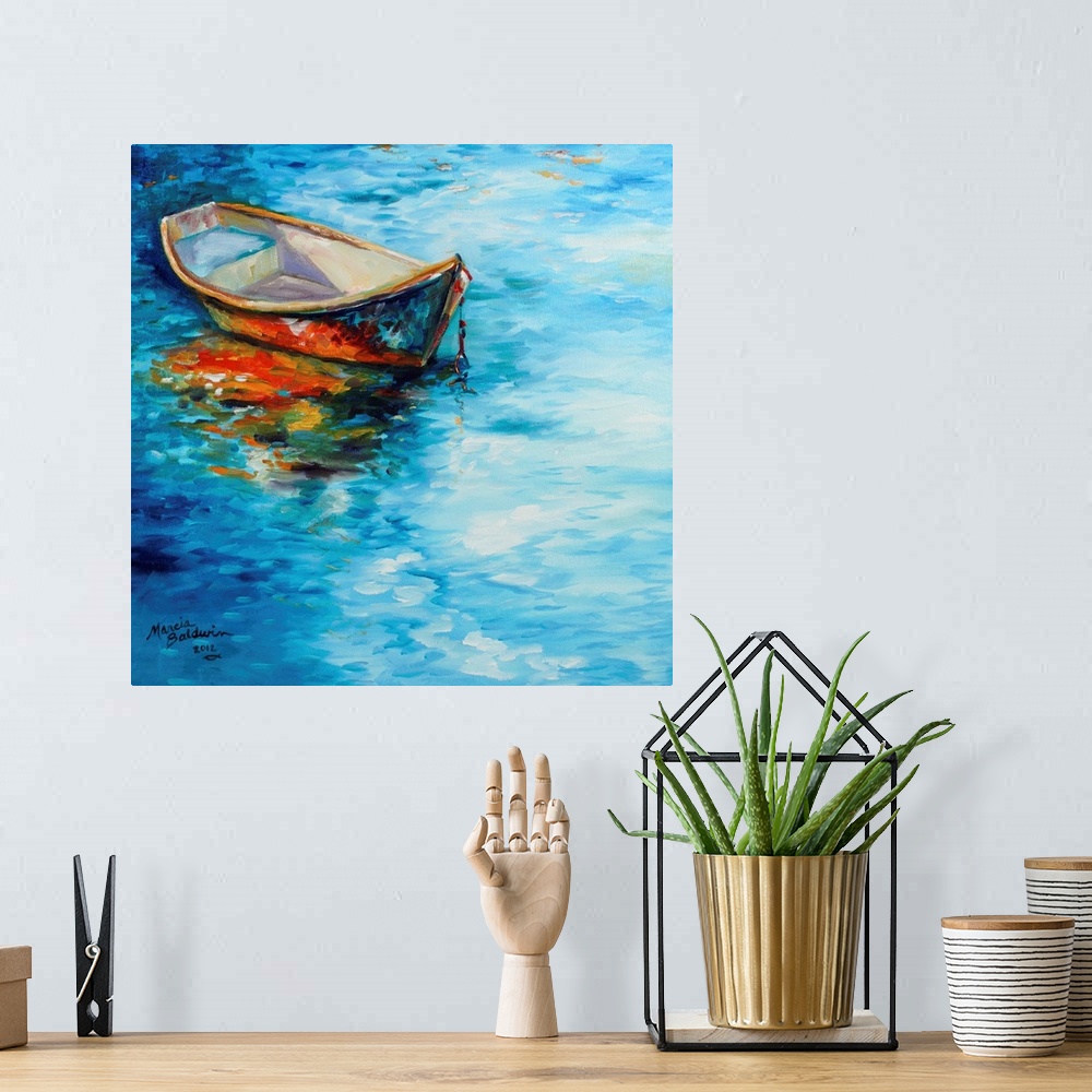 A bohemian room featuring Square painting of a waterscape with a single boat anchored on the side and reflecting into the w...