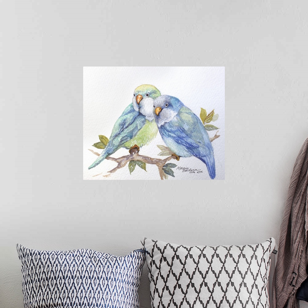 A bohemian room featuring Watercolor painting of two blue and green toned parakeets perched on a branch with leaves on a wh...
