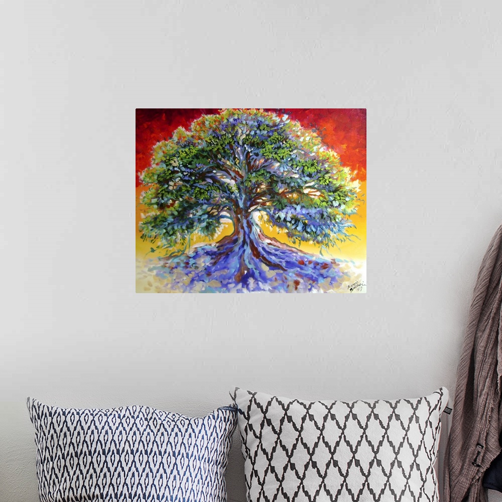 A bohemian room featuring This old oak tree is captured on canvas with a crimson sky and bold colorful shadows cast from th...