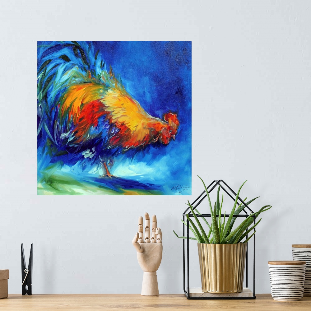 A bohemian room featuring Square painting of a colorful rooster created with vibrant blue, red, and gold hues.