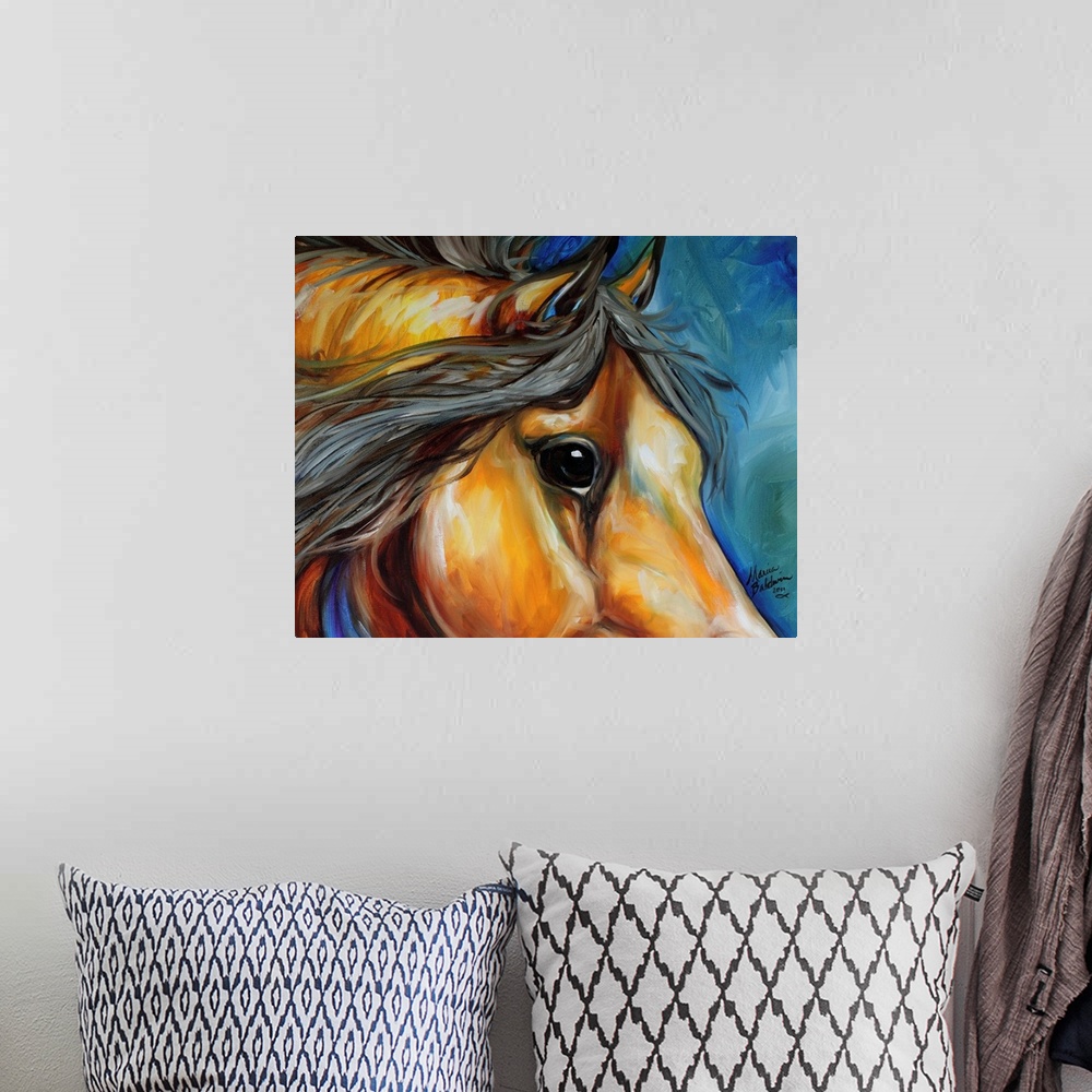 A bohemian room featuring Contemporary painting of a brown horse with a black mane on a background made with shades of blue.