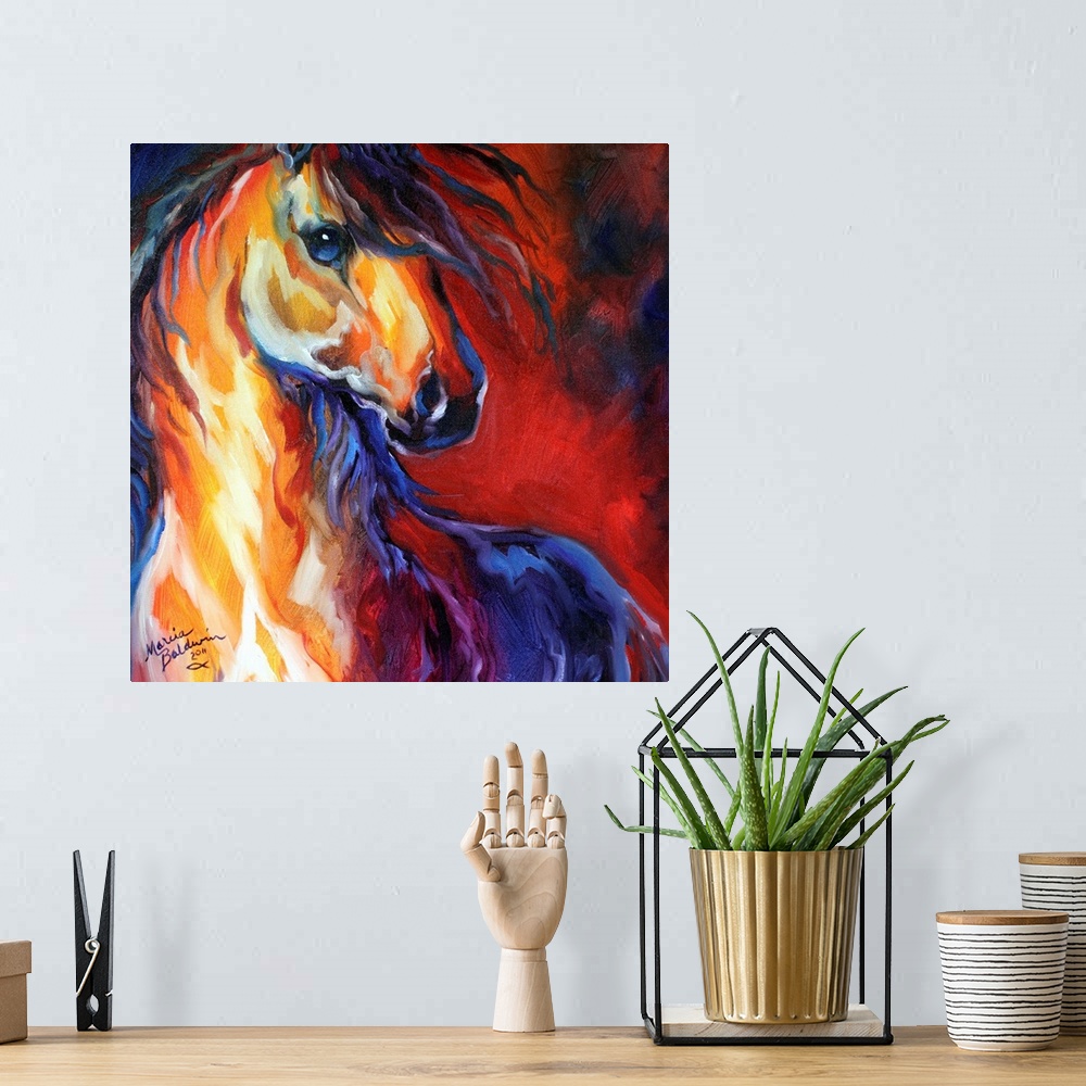 A bohemian room featuring Square abstract painting of a bold stallion in a southwest color palette.