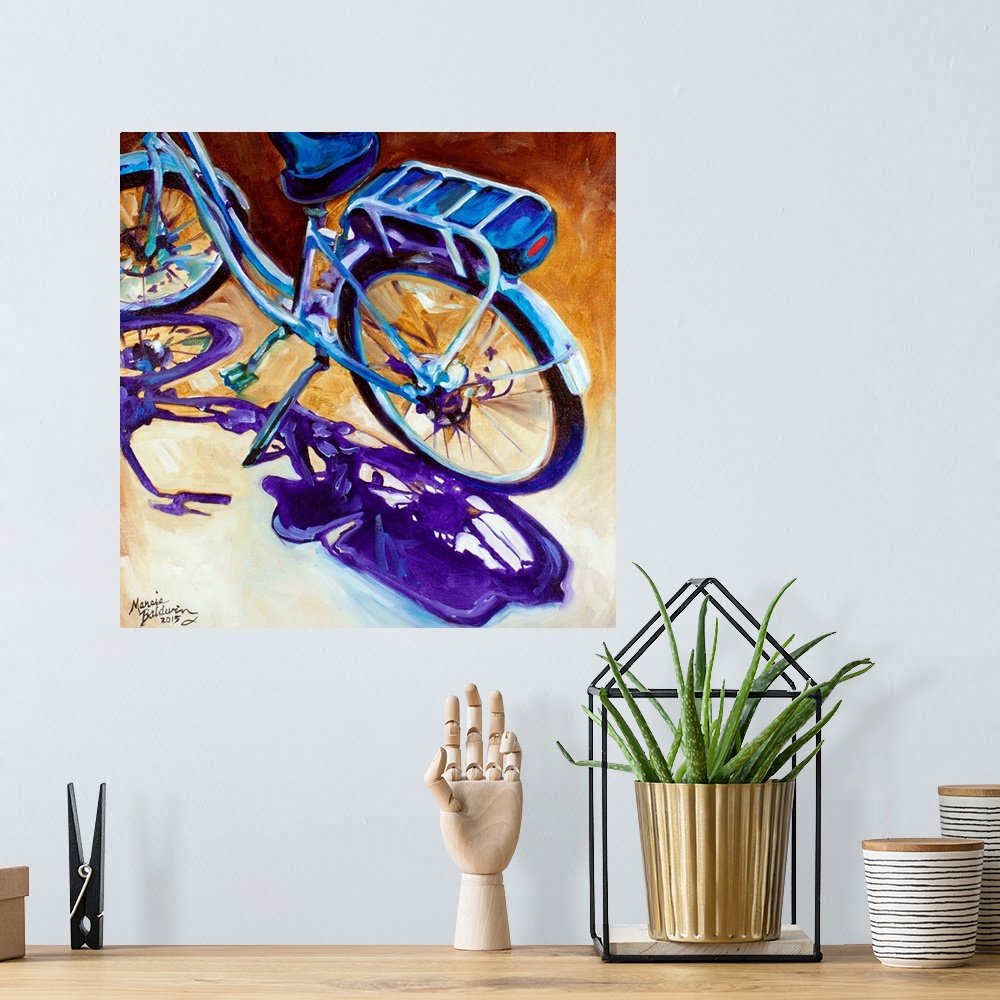 A bohemian room featuring Contemporary painting of a bicycle in cool tones with a purple shadow on a brown and cream square...