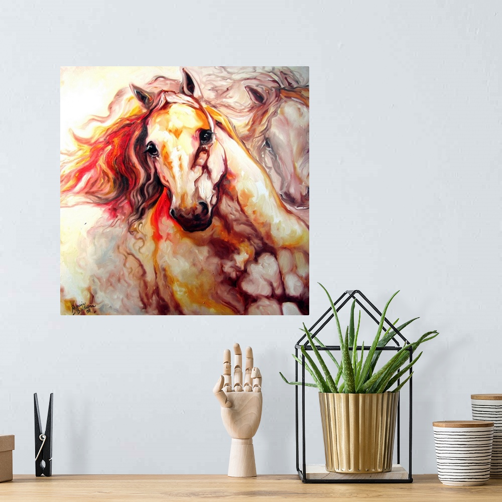 A bohemian room featuring Square abstract painting of two horses in motion in warm hues.