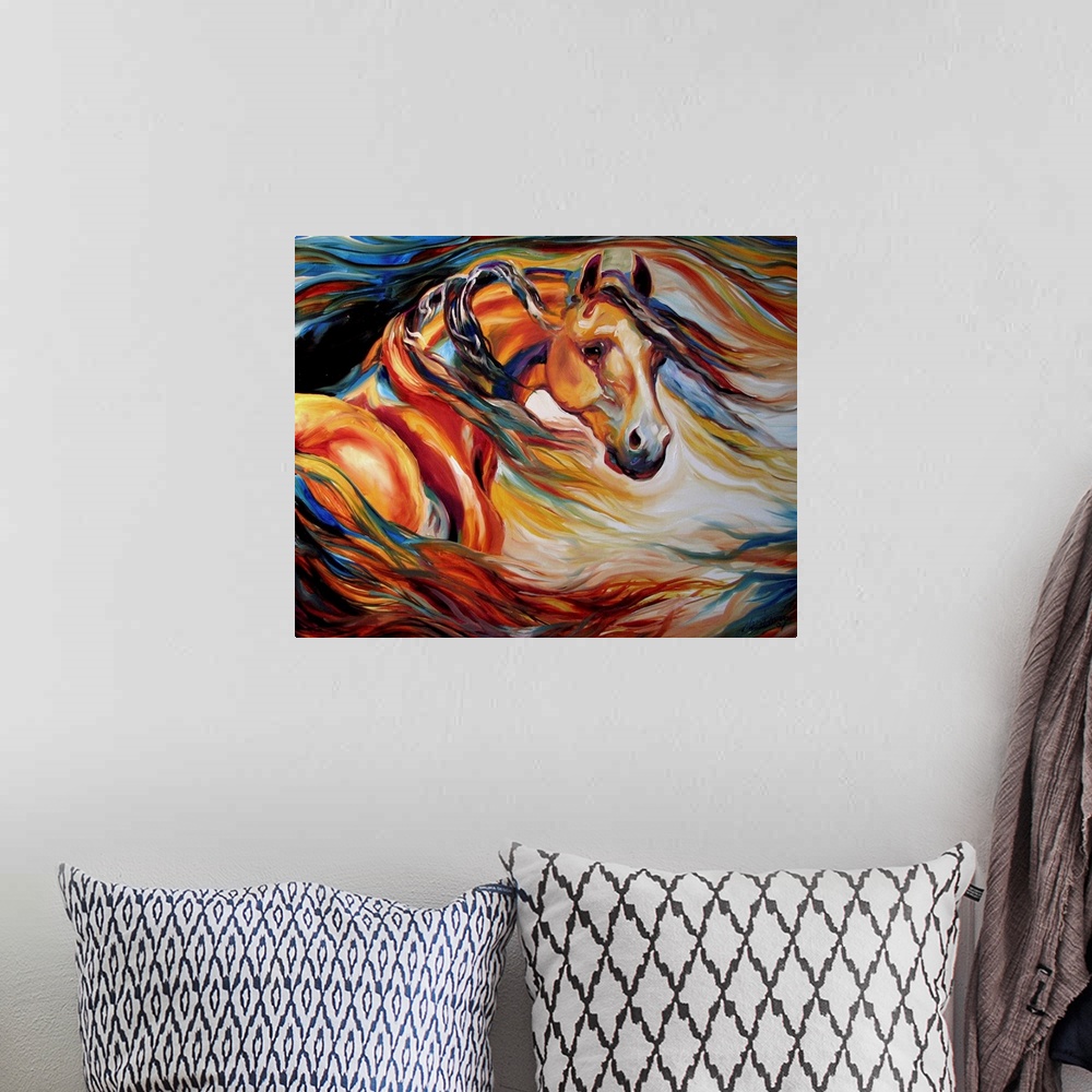 A bohemian room featuring Abstract painting of a horse created with colorful, wavy brushstrokes.
