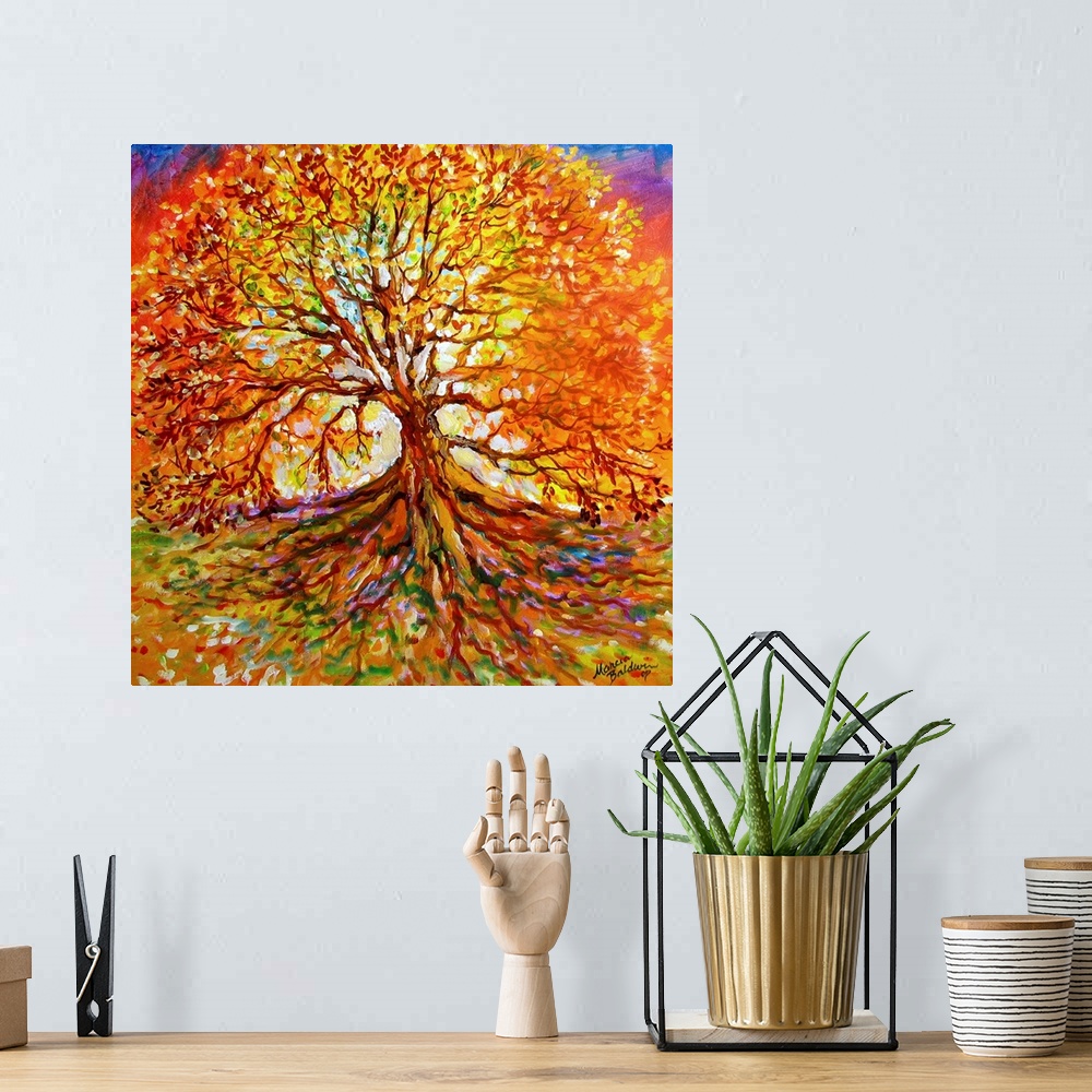 A bohemian room featuring Warm painting of a large Autumn tree at sunset with visible roots stretching down to the bottom o...