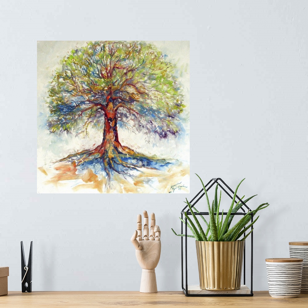 A bohemian room featuring Square painting of a bold and colorful tree on a white background with faint blue, green, and ora...