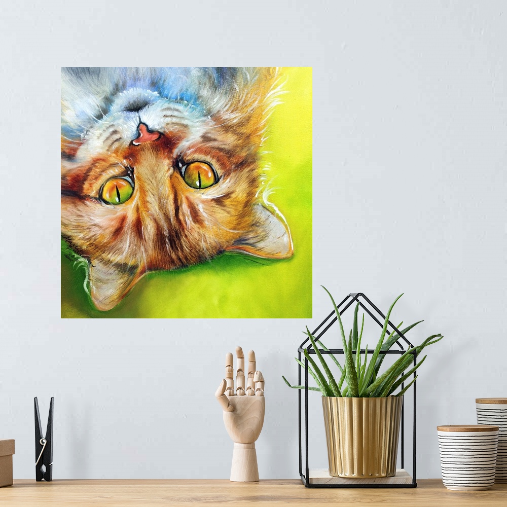 A bohemian room featuring Square painting of an orange striped cat laying upside down on a bright green and yellow background.
