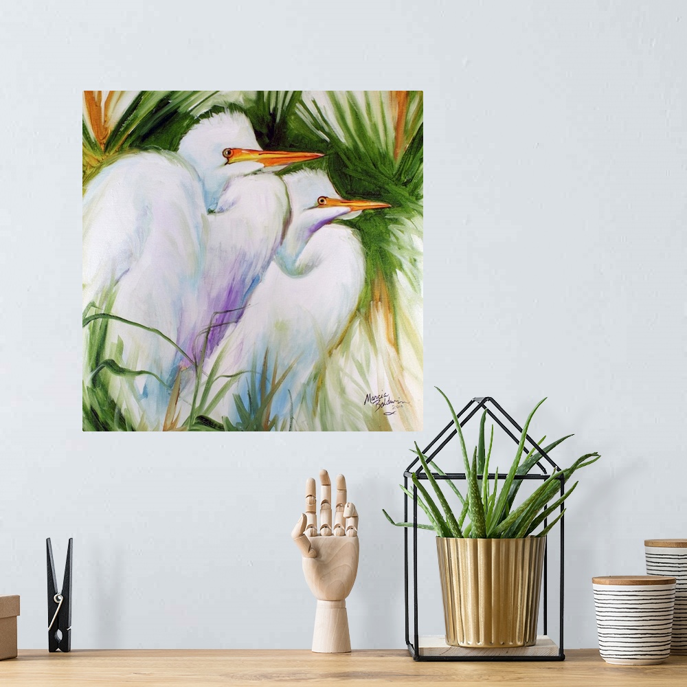A bohemian room featuring Contemporary painting of two white egrets with cool blue and purple shadows on their feathers on ...